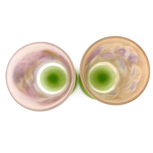 Satin Art Glass Champagne Flutes 2 Painted Frosted Green Textured Stems Cordial - Picture 3 of 6